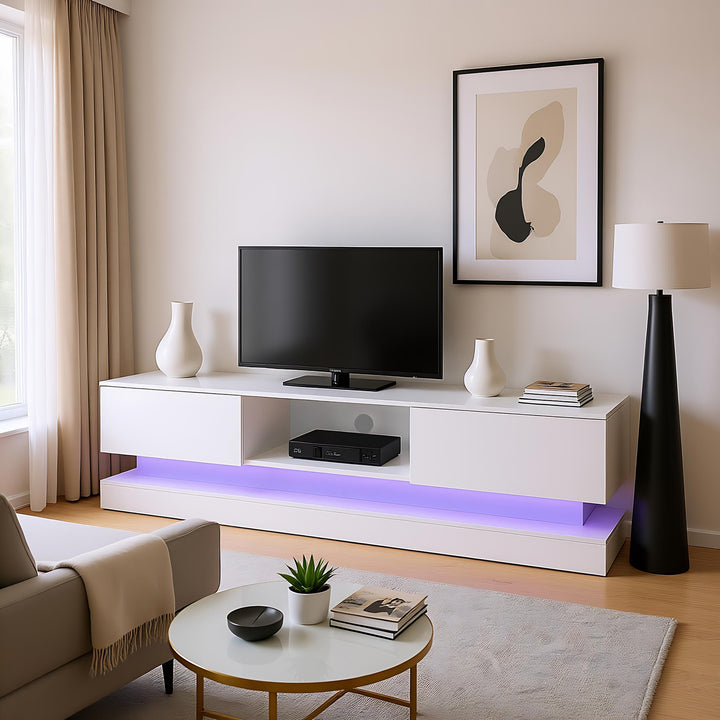 High gloss white TV stand 2 drawers with LED light YONDRUT UK