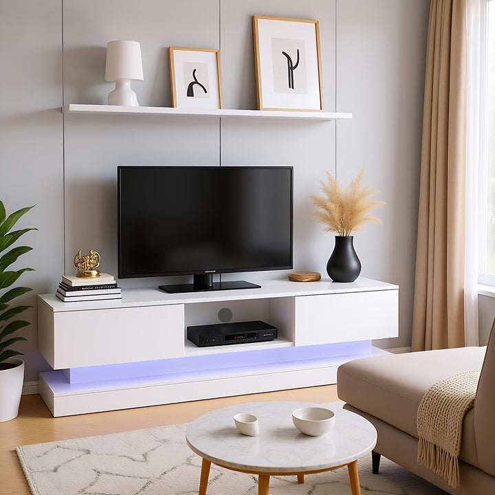 High gloss white TV stand 2 drawers with LED light YONDRUT UK
