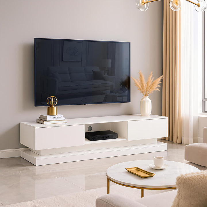 High gloss white TV stand 2 drawers with LED light YONDRUT UK