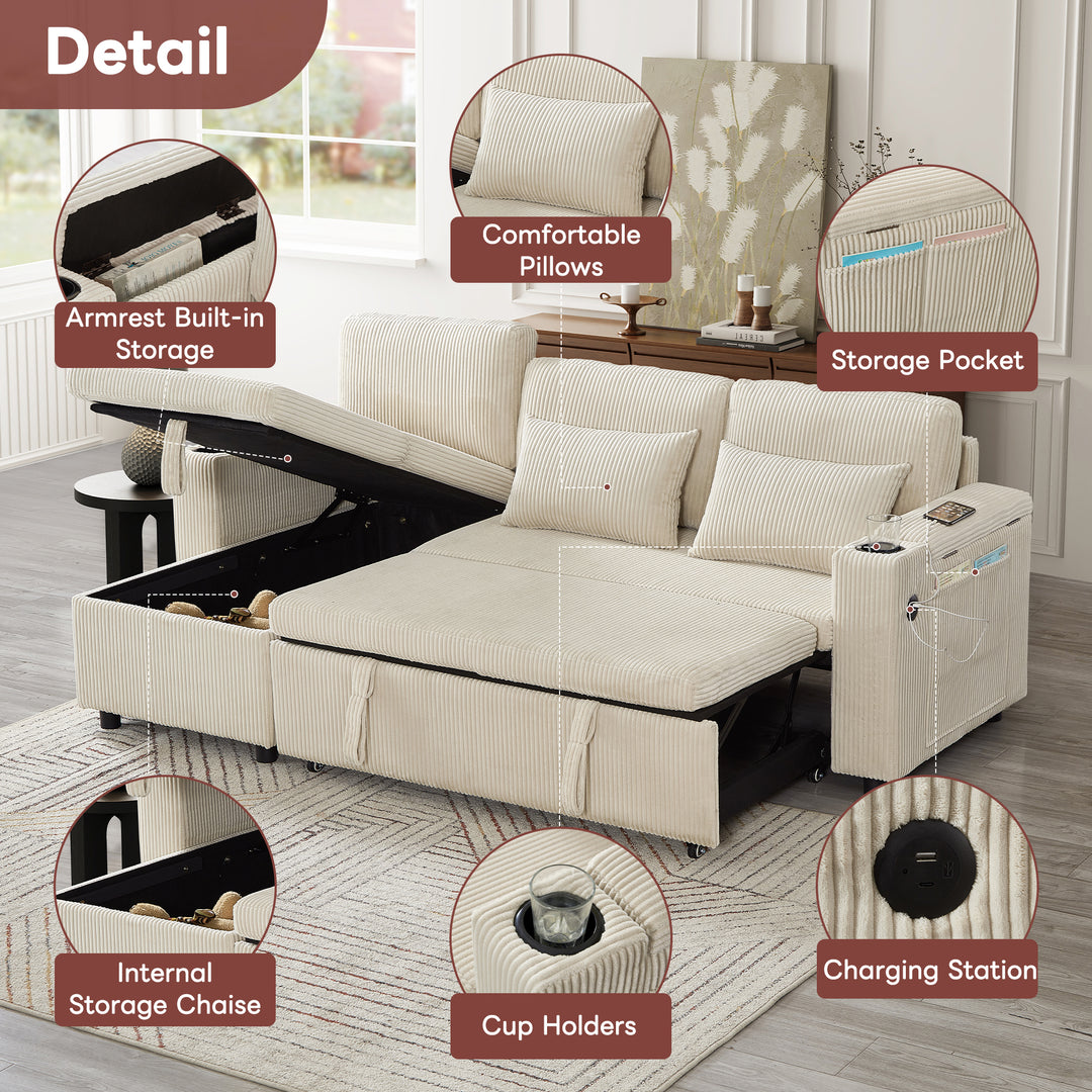 Beige corduroy 3-seater sofa bed trundle bed with storage and USB ports SPELEOTHEM UK