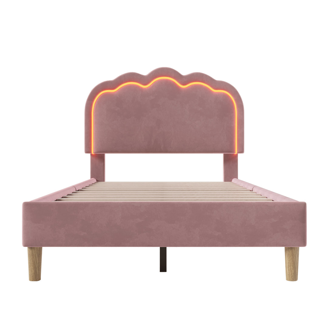 Pink velvet upholstered divan bed frame with LED, headboard height adjustable INDROX PINK UK