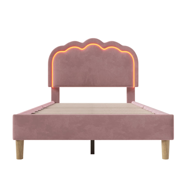 Pink velvet upholstered divan bed frame with LED, headboard height adjustable INDROX PINK UK