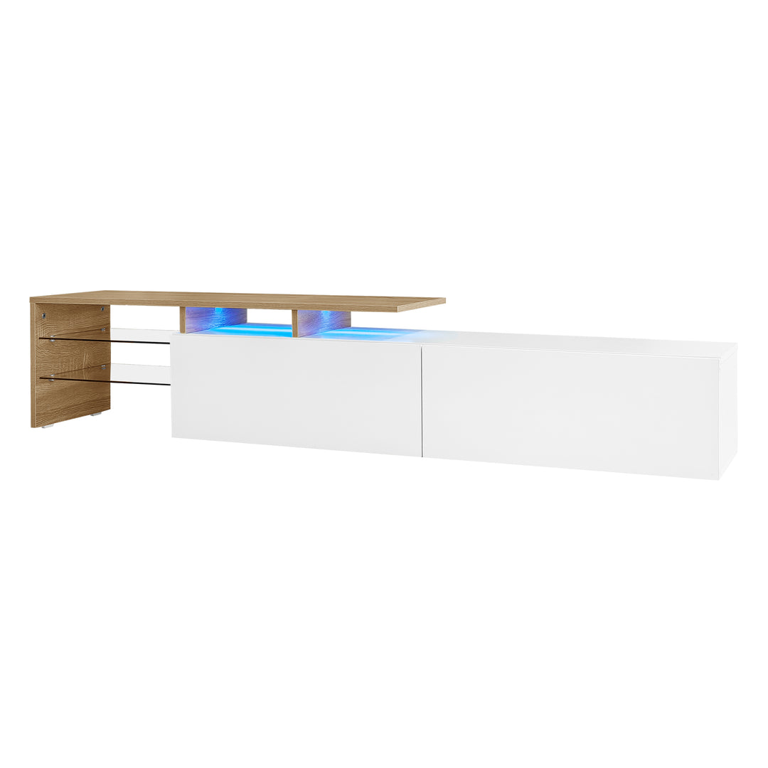 White hihg-gloss TV cabinet storage space, wood look, glass shelves, LED lighting MOLD
