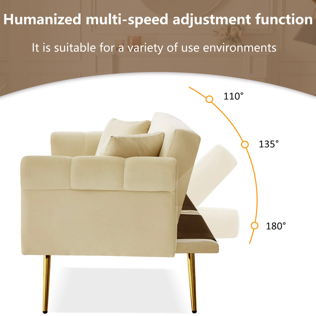 Modern upholstery velvet beige 2-seater sofa bed, adjustable backrest & gold-plated metal feet EUKARYOT