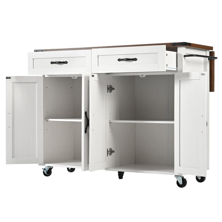 White farmhouse style rolling kitchen island with fold-out top and racks SALTMARSH