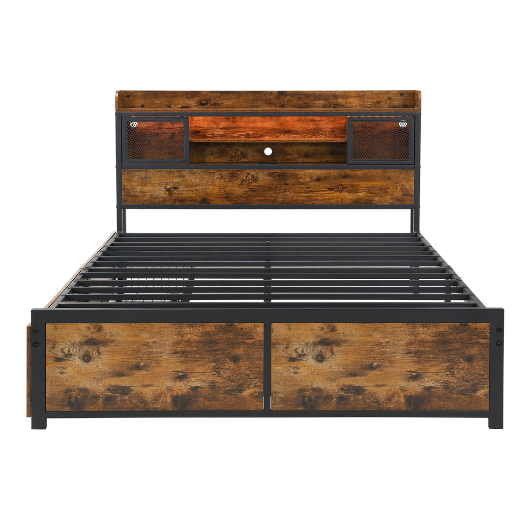 Multifunctional wooden look double bed&nbsp; with LED lighting, 2 drawers & charging ports (135x190cm) ELATERSPRING