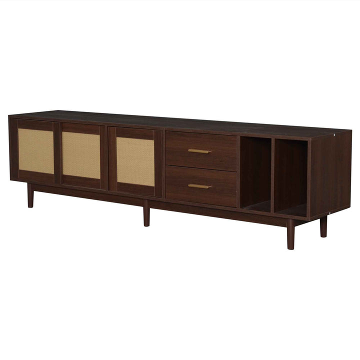 TV stand dark wood vintage look with rattan sliding doors & 2 drawers  INFINITERIF