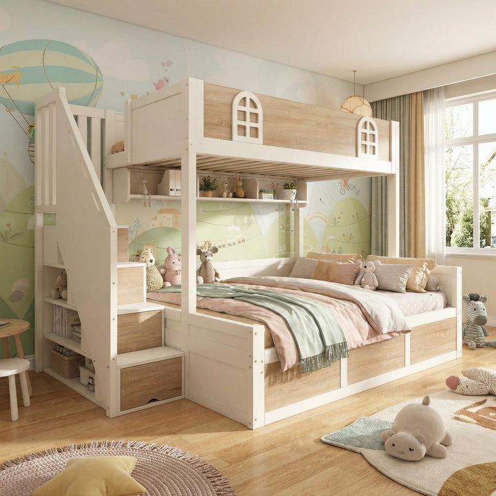 White wooden bunk beds with staircase and storage 90x190cm +135x190cm FOCUSIAL