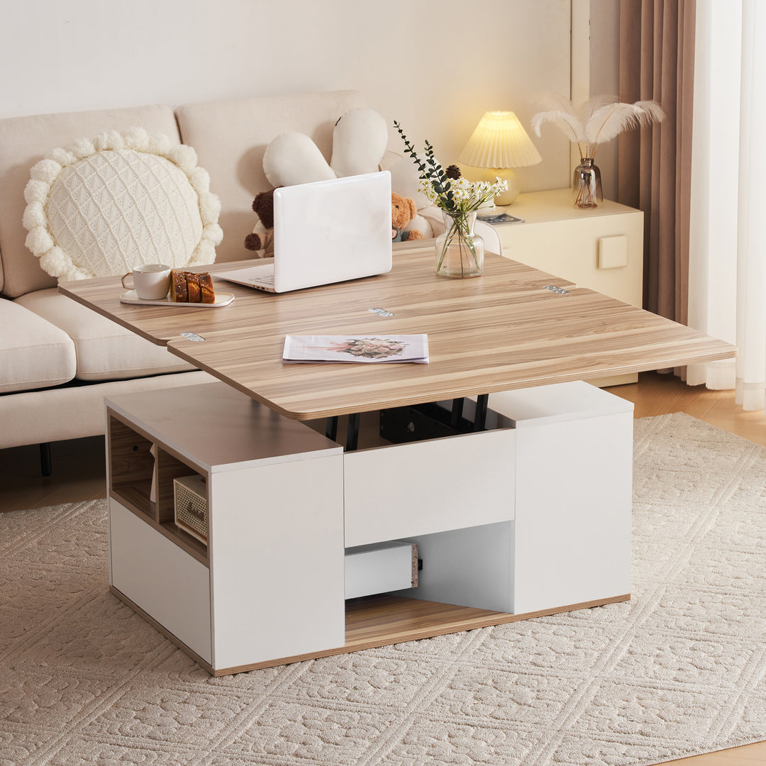 Modern white & oak lift-top coffee table hidden storage CLOUDWING