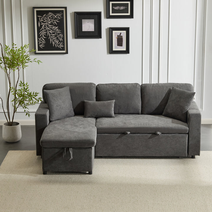 Grey L-shaped corner sofa bed, side shelf with integrated USB and storage VOLATILGAS