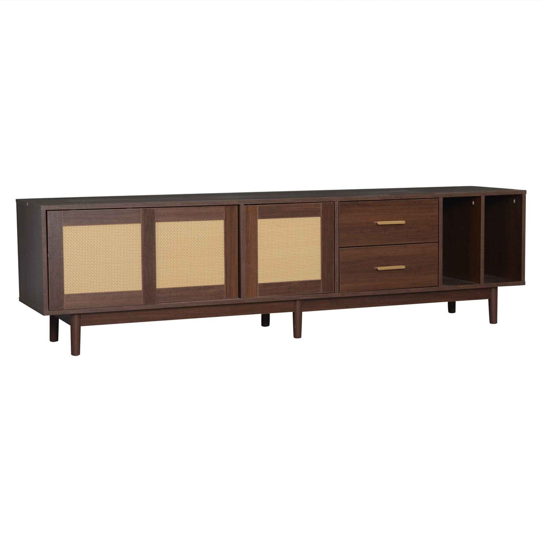 TV stand dark wood vintage look with rattan sliding doors & 2 drawers  INFINITERIF