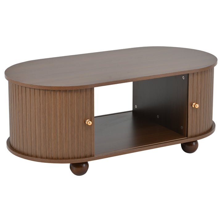 Retro wooden look oval coffee table with 2 sliding storage doors CUNEIFORMWEDGE