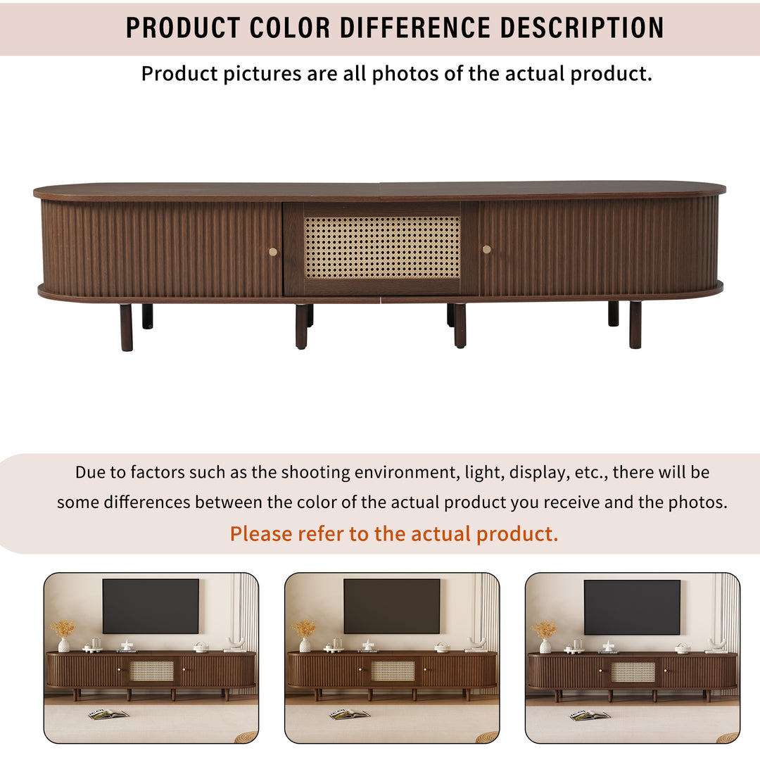Retro walnut TV stand oval rounded corners 2 slide doors 180×40×40cm SOREN