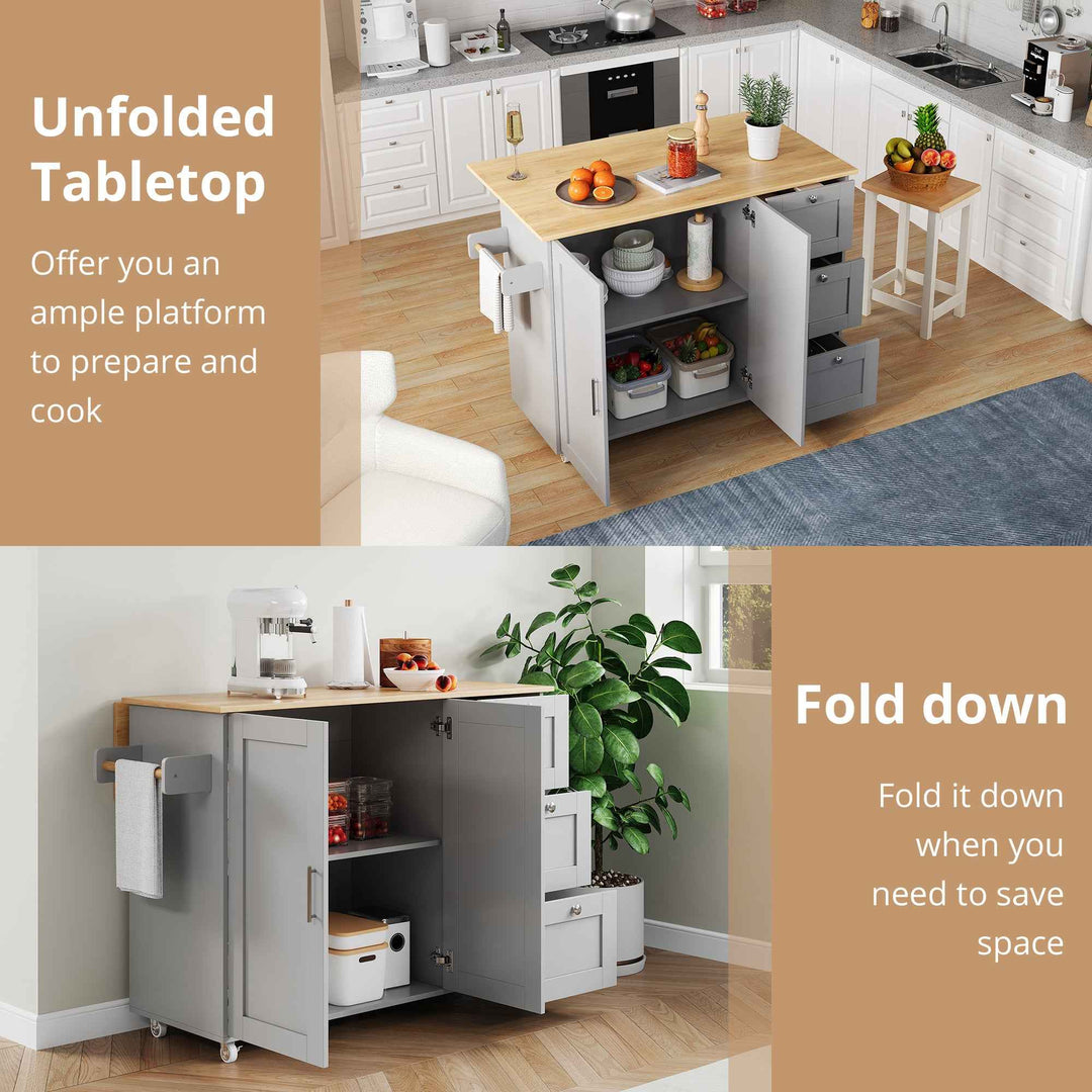 00+Kitchen Island on Wheels Grey Foldable Tabletop, 3 Drawers, 2 Doors, for Dining & Living Room VERTEXRYN