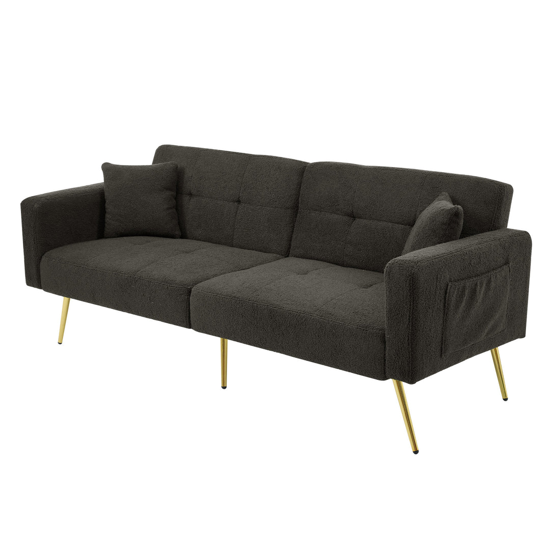 Dark grey sherpa 2-seater sofa bed with gold legs, cushions and side storage pockets VESPERA