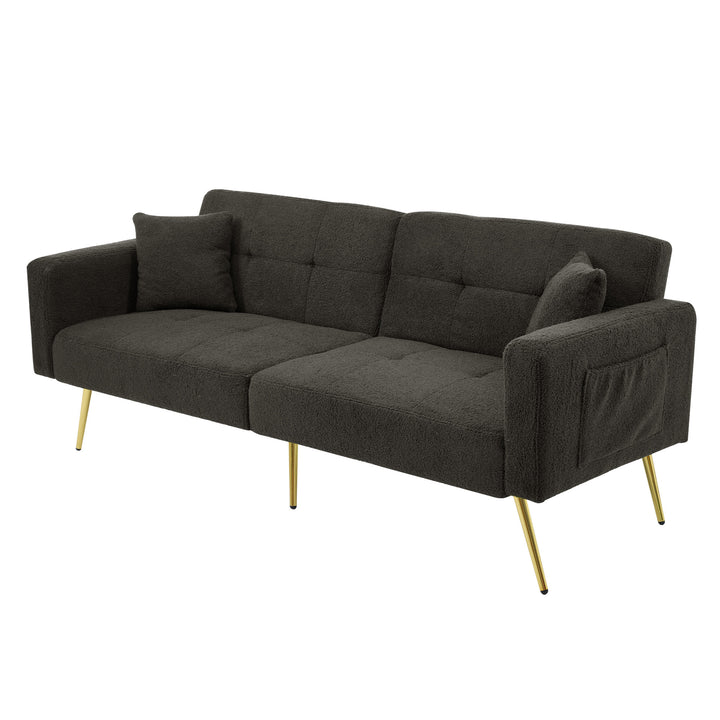 Dark grey sherpa 2-seater sofa bed with gold legs, cushions and side storage pockets VESPERA