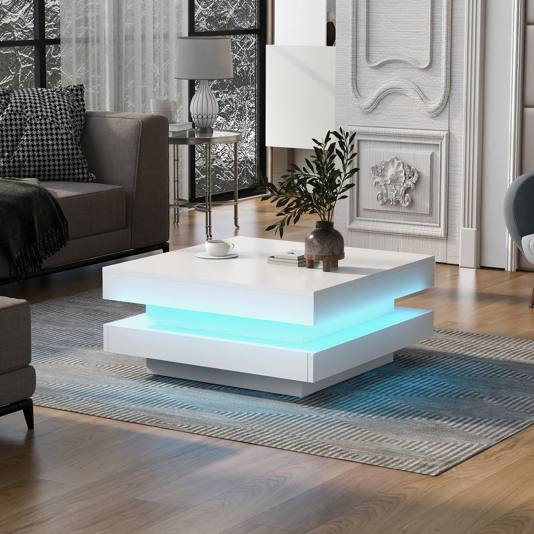 White square high gloss coffee table 360° rotating with 16-color LED light 70x70x36cm UHEX UK