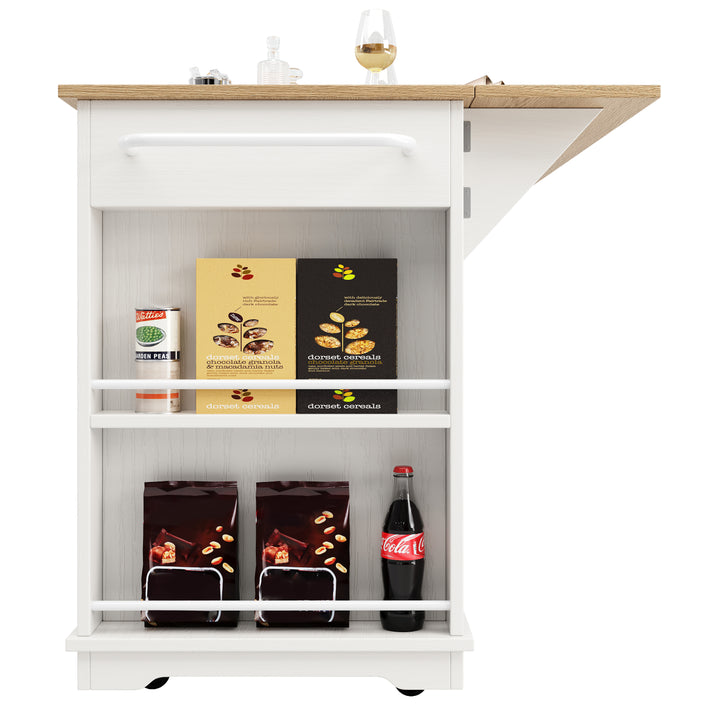 White kitchen Island trolley wood-grain look, tempered glass cabinet BEEGLUE