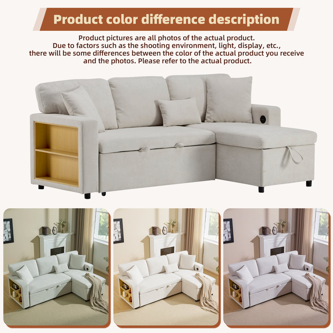 Beige 3-seater corner sofa bed with side shelf and USB ports ANTCOLONY UK