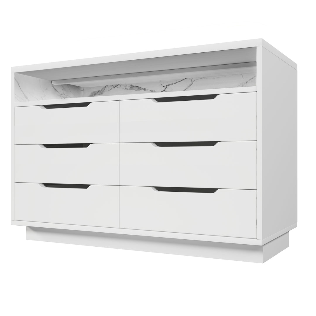 White marbled look 6-drawer sideboard with LED lighting MAGNETOPAUS