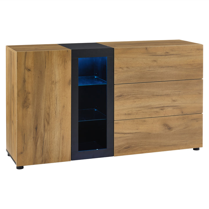 Wooden and Black Sideboard Cabinet with 3 Drawers, Glass Shelves and LED Lights 140 cm TRISHELF