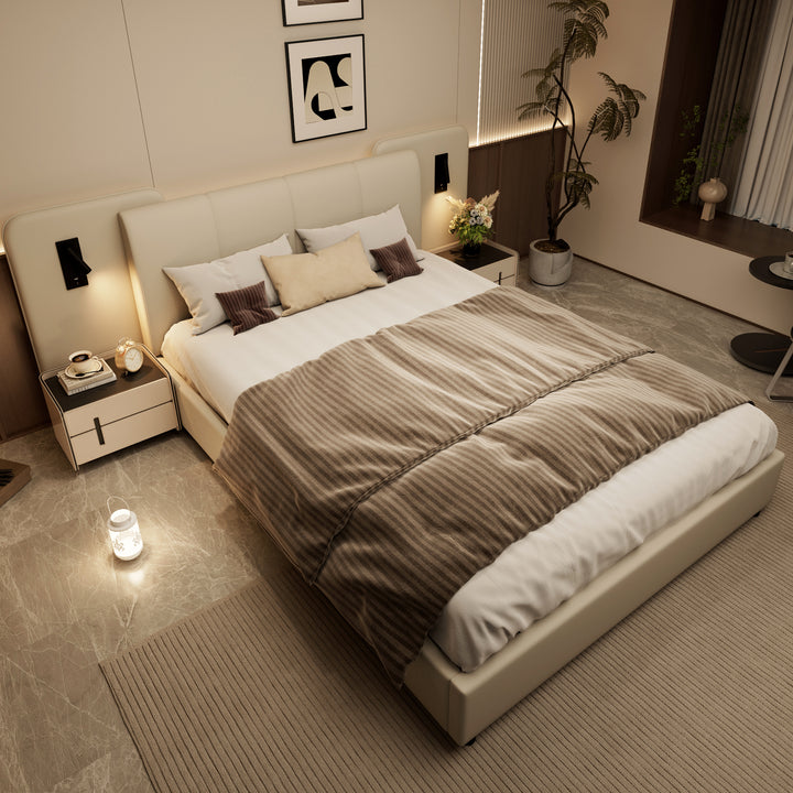 Beige upholstered divan double bed with side lamps and charging port 135x190cm UNITOS