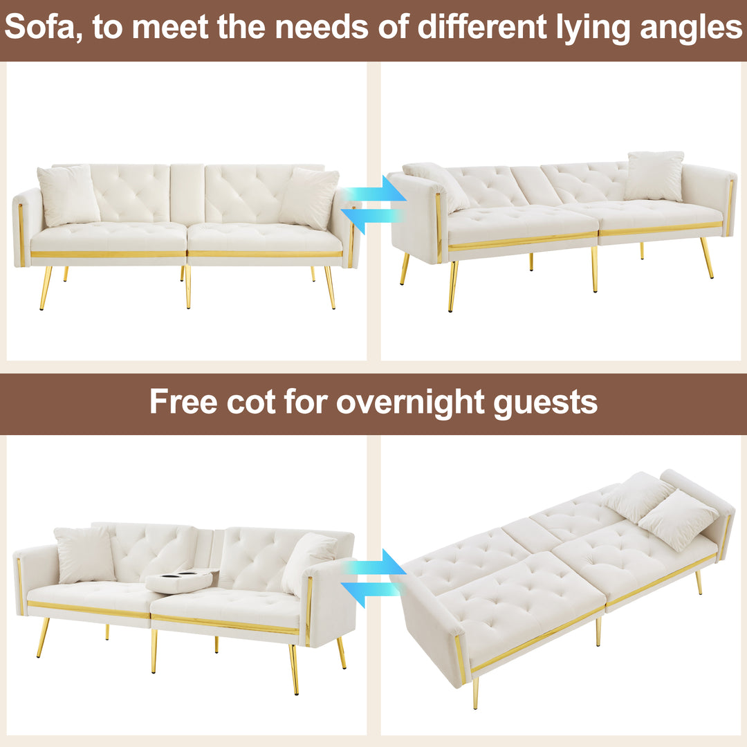 Beige velvet tufted 2-seater sofa bed with gold legs hidden fold-down cup holder COTTONPUFF