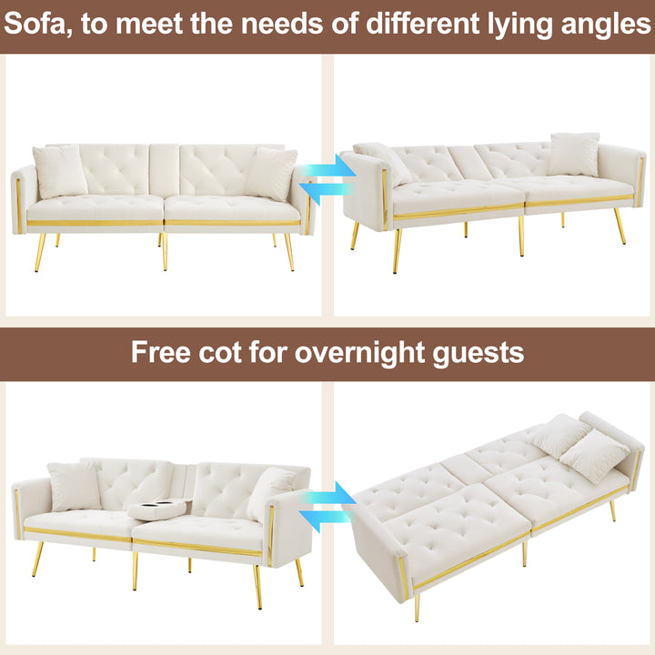 Beige velvet tufted 2-seater sofa bed with gold legs hidden fold-down cup holder COTTONPUFF