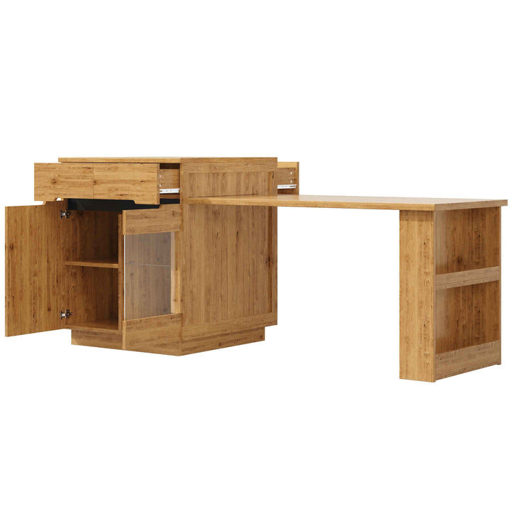 Kitchen island with extendable table, oak effect, LED glass door, 2 drawers INFINITECASC