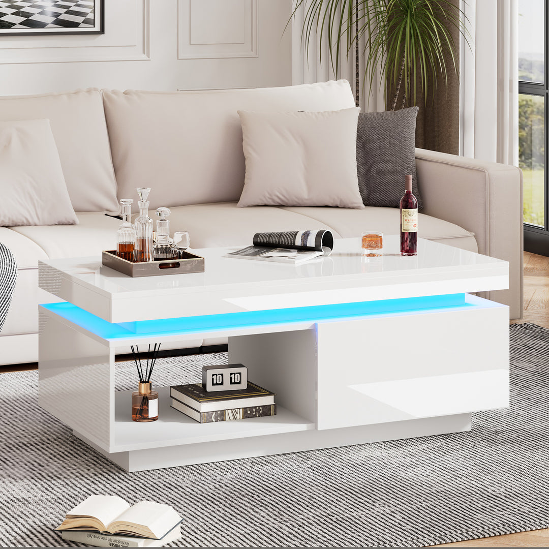 White high gloss coffee table with LED lights and storage 100 x 50 x 40 cm MAGNETOTAIL UK