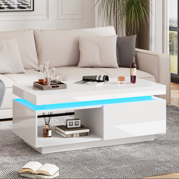 White high gloss coffee table with LED lights and storage 100 x 50 x 40 cm MAGNETOTAIL UK