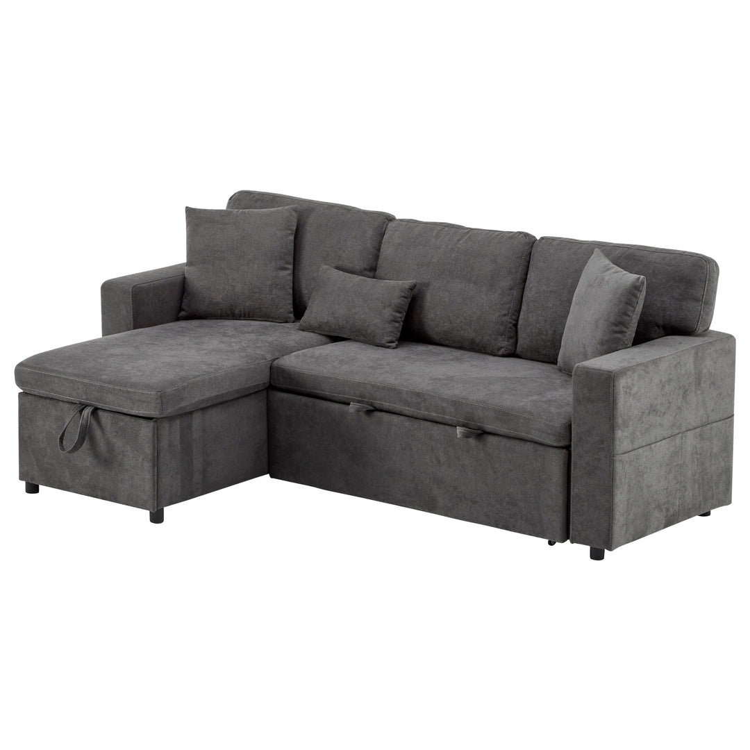 Grey L-shaped corner sofa bed, side shelf with integrated USB and storage VOLATILGAS