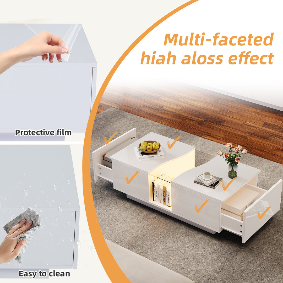 White high gloss lighting LED rectangular coffee table 2 drawers HELICTITE