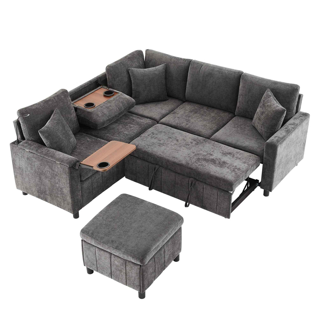 Corner sofa pull-out bed with ottoman and tabletop, grey chenille, USB & type-C, reading lamp RACKART