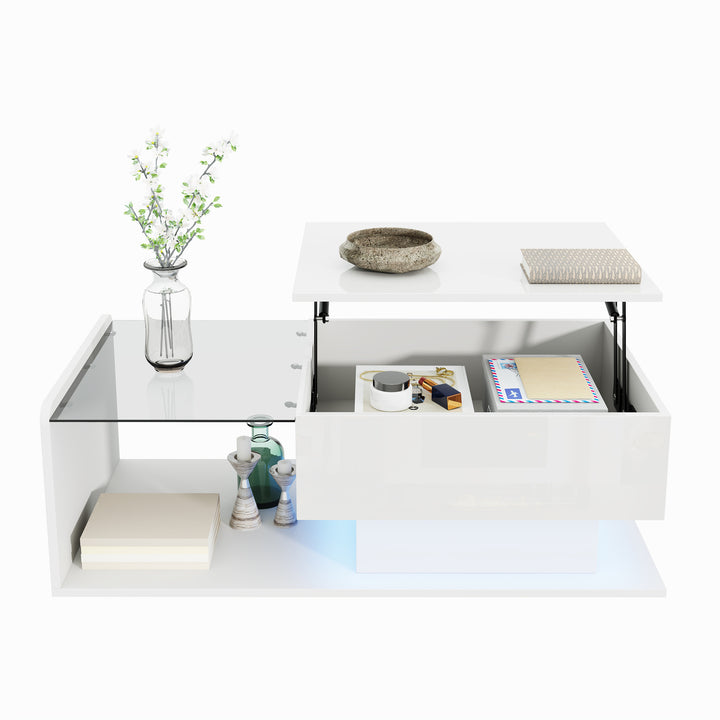 White high-gloss rectangular coffee table and LED lighting with glass top LUNG