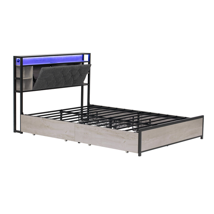 Grey metal double bed frame shelves with LED lighting (135x190cm) PHYTOSID