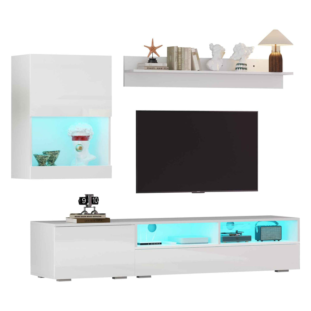 3 piece TV stand and wall unit set white high gloss with LED lighting