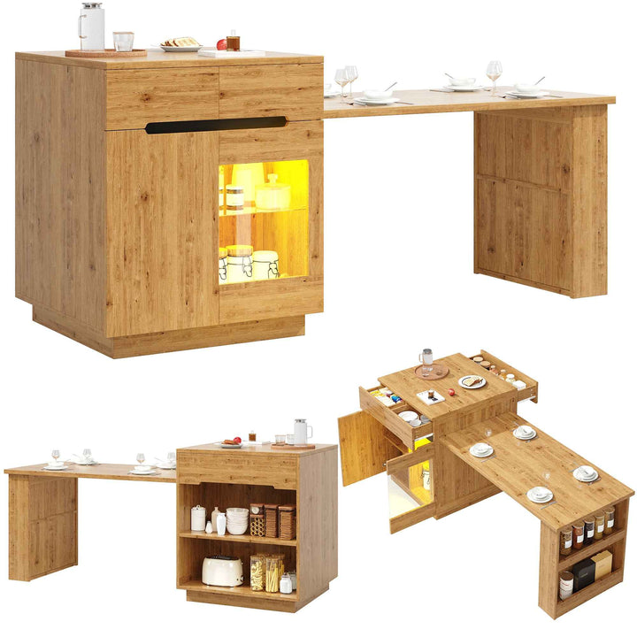Kitchen island with extendable table, oak effect, LED glass door, 2 drawers INFINITECASC