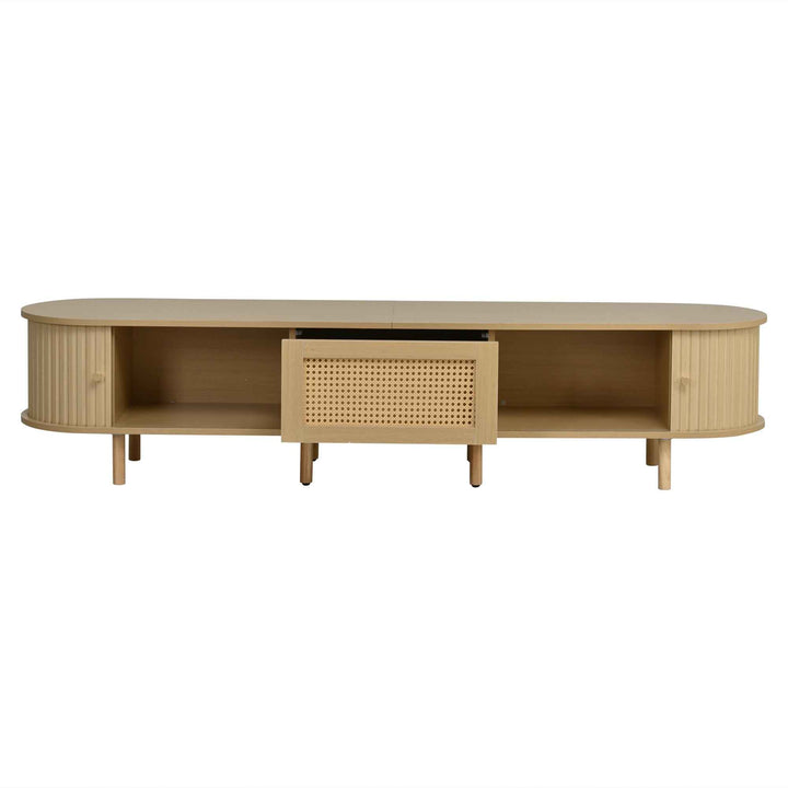 TV stand light wood 1 rattan drawer & 2 sliding doors, rounded corners 180cm