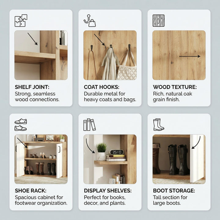 Wooden entryway wardrobes with coat hooks and shoe storage shelves ELYSIUMIS
