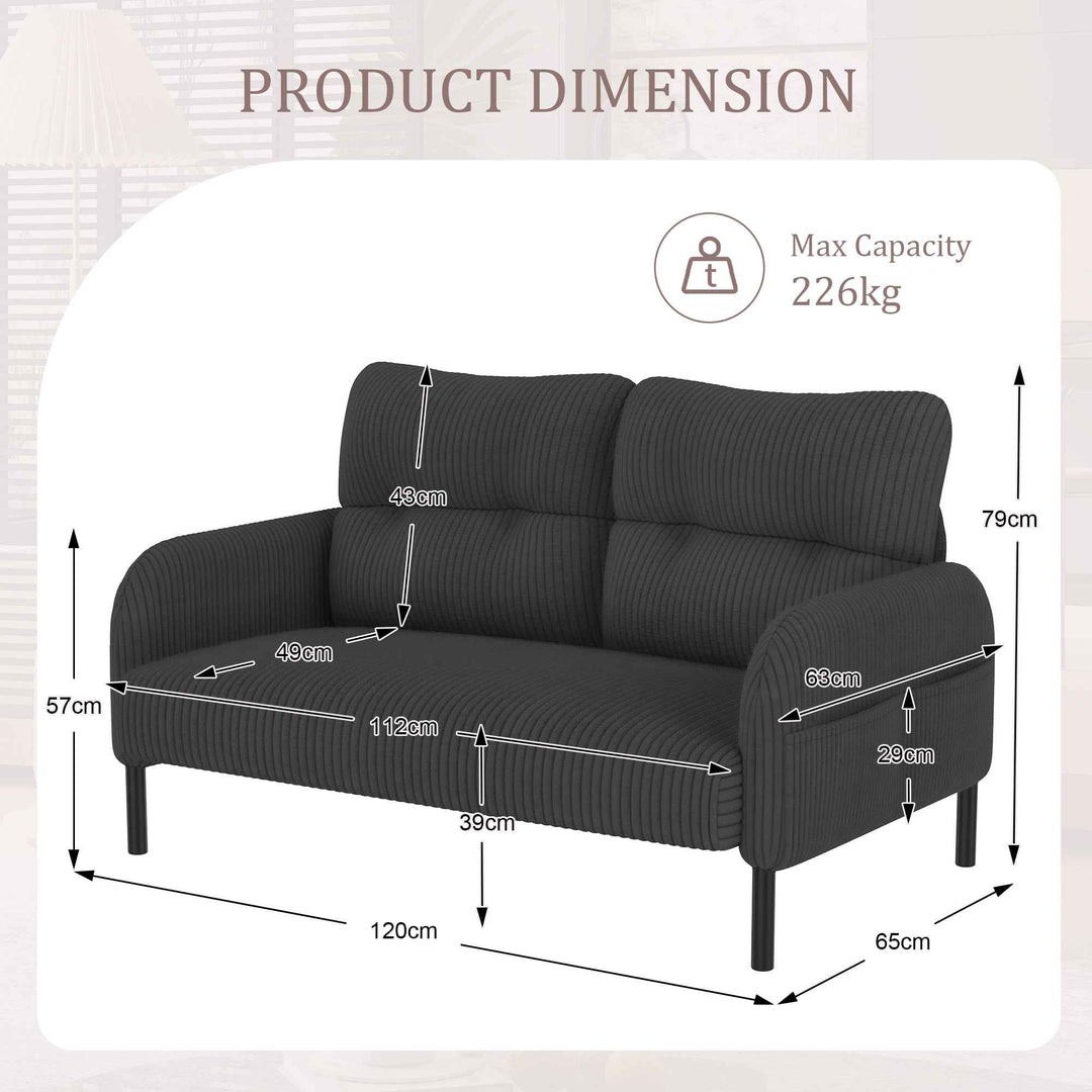 00+Loveseat Sofa Corduroy Fabric Grey 2 Seater, High Rebound Spring, for Living Room & Bedroom NOVAUM