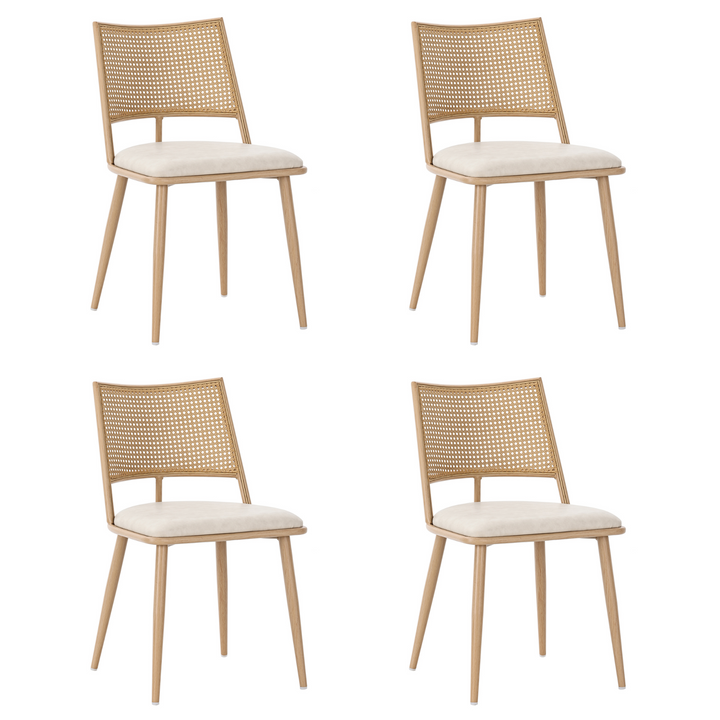 Set of 4 beige faux leather dining chairs and backrest in rattan PLAGE