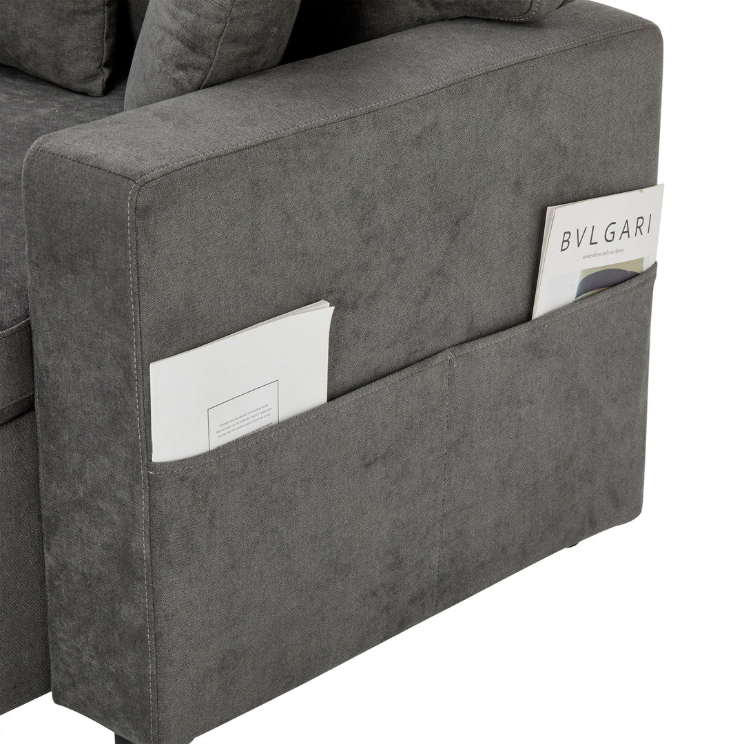 Grey L-shaped corner sofa bed, side shelf with integrated USB and storage VOLATILGAS