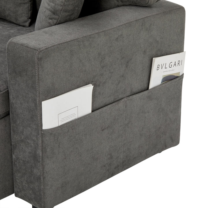Grey L-shaped corner sofa bed, side shelf with integrated USB and storage VOLATILGAS