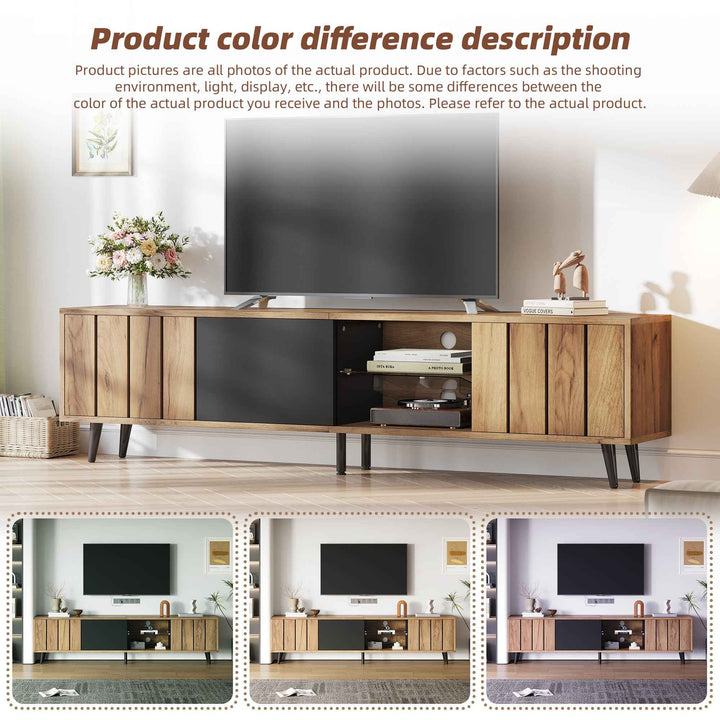 TV stand cabinet wood look & black, 3 doors glass shelf FLAREKRYOS