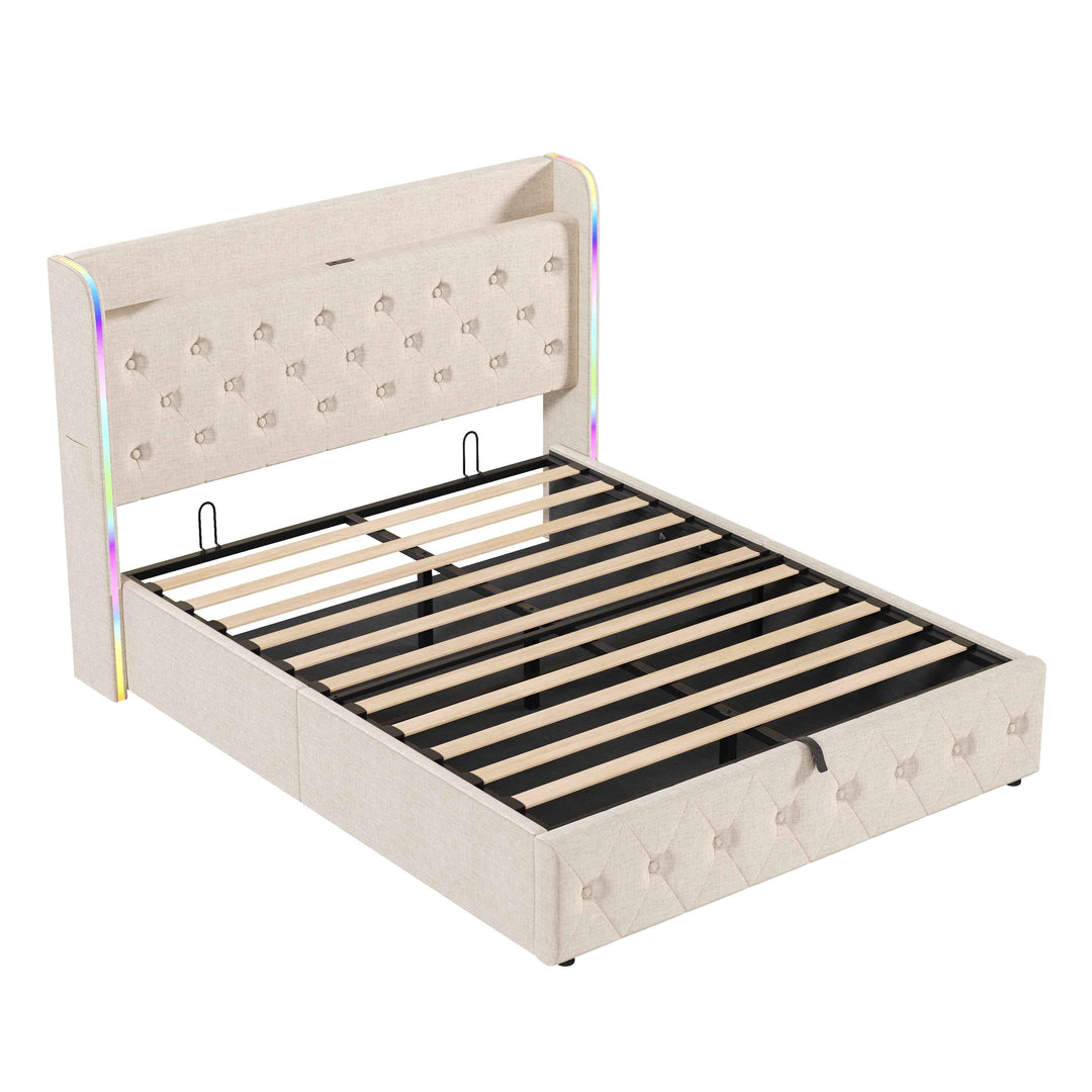 Linen beige double ottoman bed frame with LED and charging 140x200cm (no mattress) INFINITEQUAZ