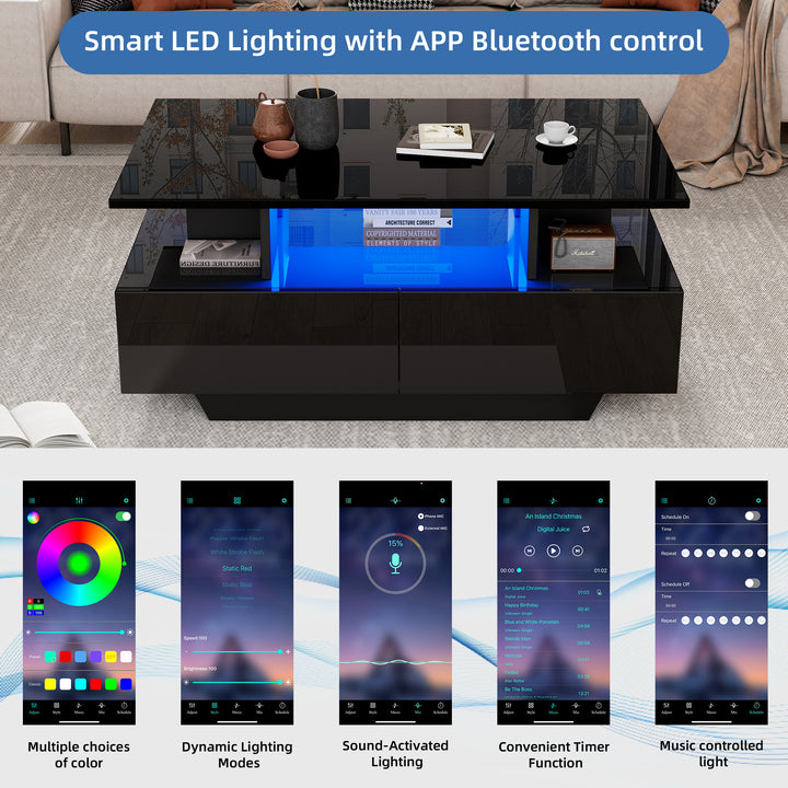 Black high-gloss coffee table 2 drawers with LED lighting ATOMSWALE