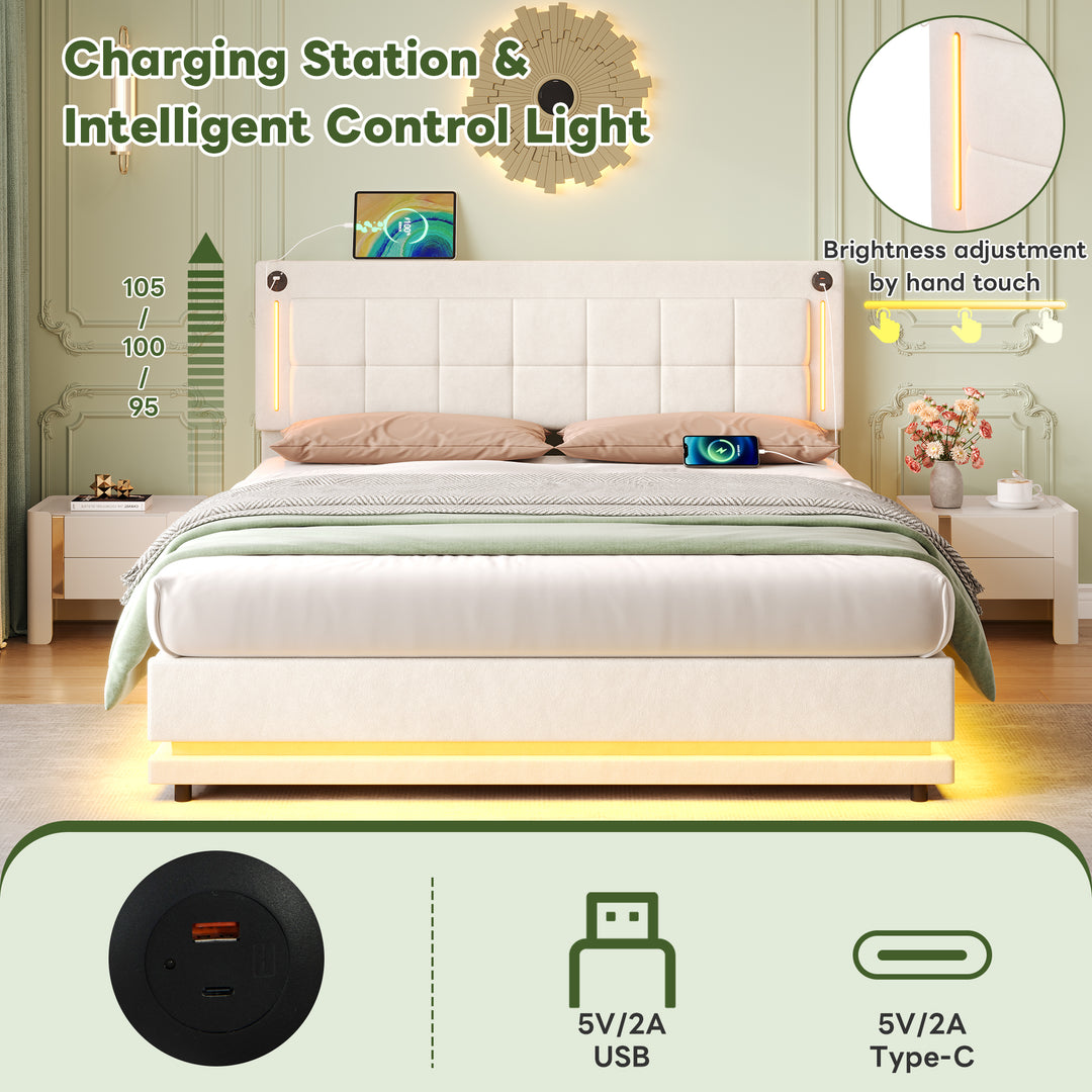 Beige velvet king ottoman end opening bed with LED lighting and charging station (150*200cm) DUSKHAVEN
