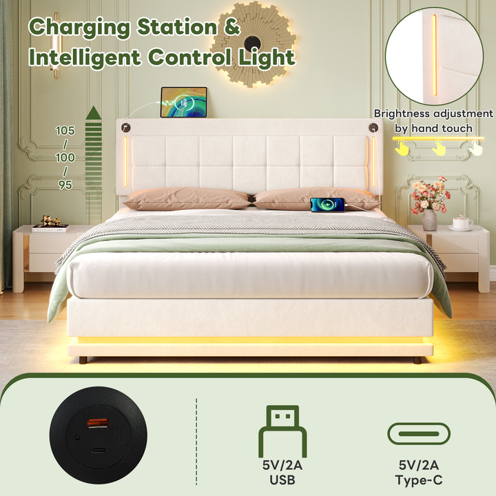 Beige velvet king ottoman end opening bed with LED lighting and charging station (150*200cm) DUSKHAVEN