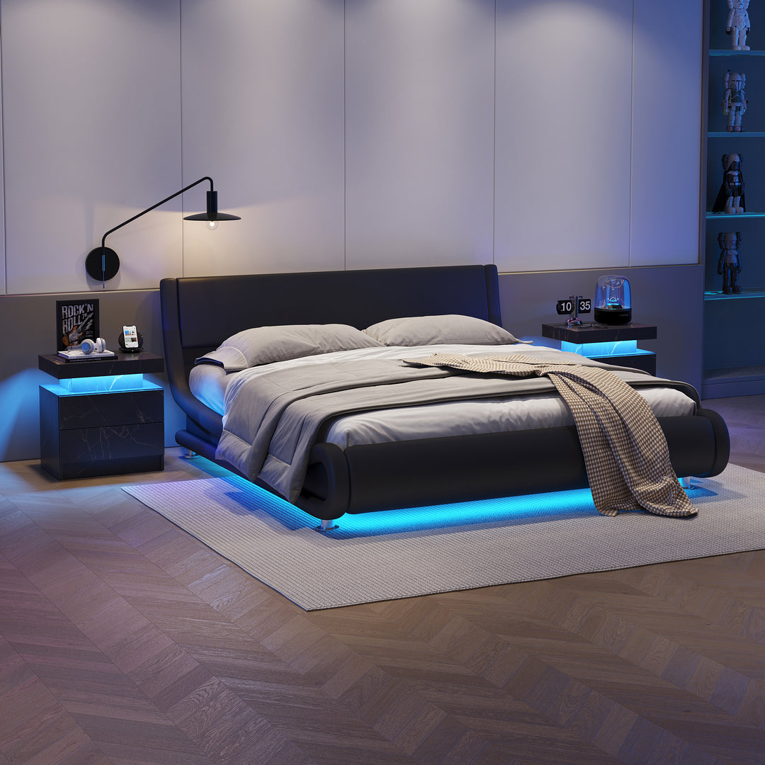 Black marble-look nightstand LED bedside table cabinet with 2 drawers FROSTWORK